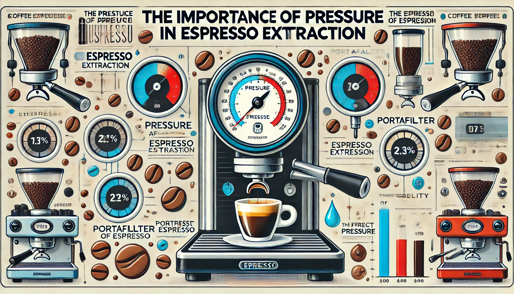 An infographic titled The Importance of Pressure in Espresso Extraction showing how pressure affects the quality of espresso The image should featuwebp