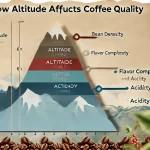 An infographic illustrating how altitude affects coffee quality The image should feature a mountain with different altitude levels marked showing howebp