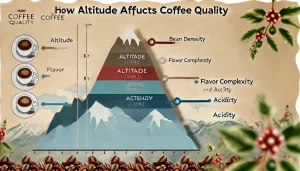 An infographic illustrating how altitude affects coffee quality. The image should feature a mountain with different altitude levels marked, showing ho.webp