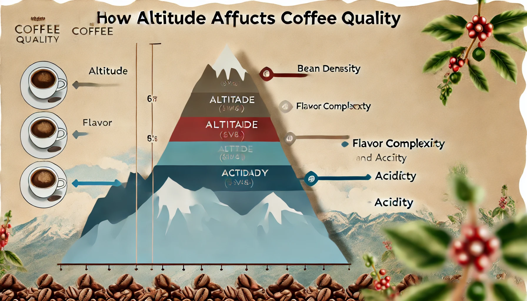 An infographic illustrating how altitude affects coffee quality The image should feature a mountain with different altitude levels marked showing howebp