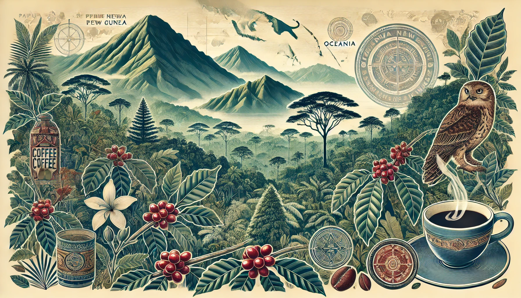 An illustration titled Papua New Guinea The Mysterious Coffee Producer of Oceania The image should depict the lush landscapes of Papua New Guinea webp