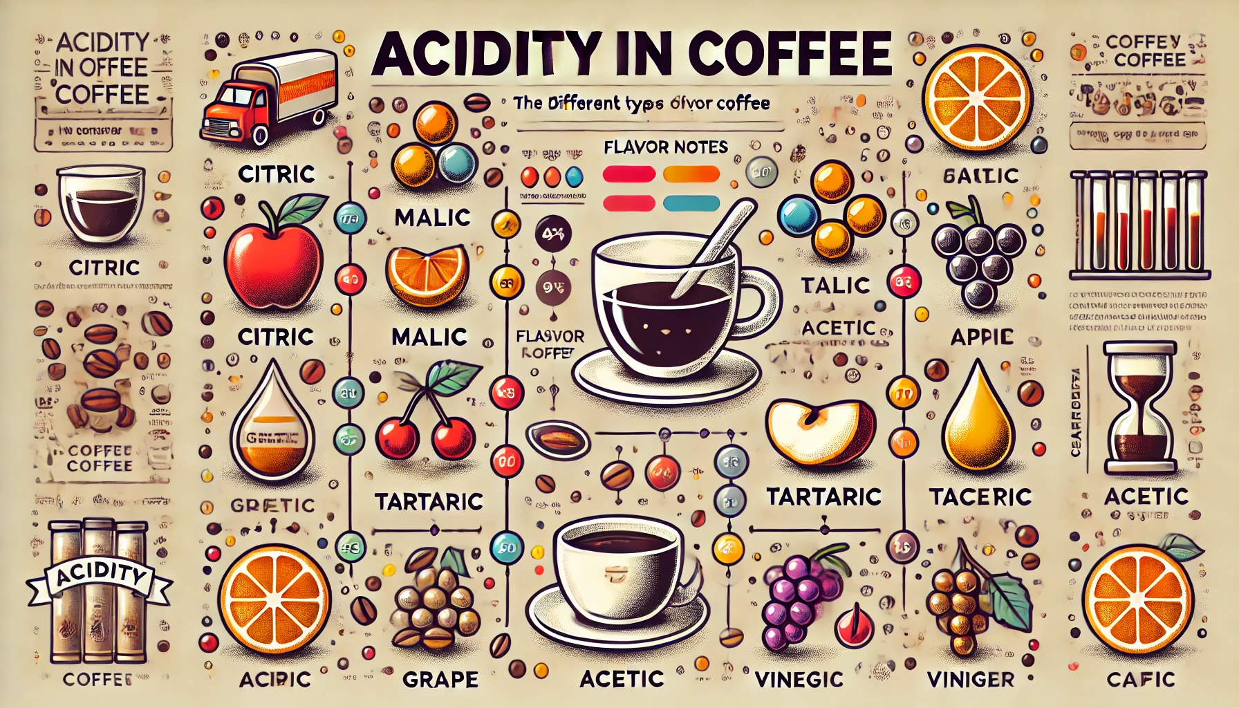 An infographic titled Acidity in Coffee illustrating the different types of acidity found in coffee The image should feature icons and descriptionswebp