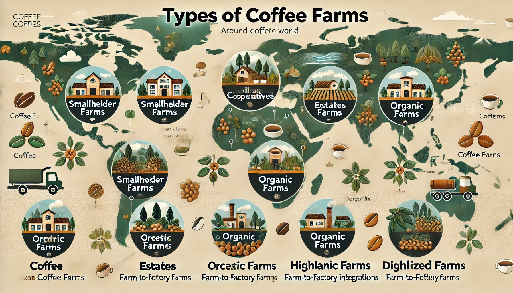 Types of Coffee Farms showing various types of coffee farms around the world The image should depict smallholder farms coopewebp