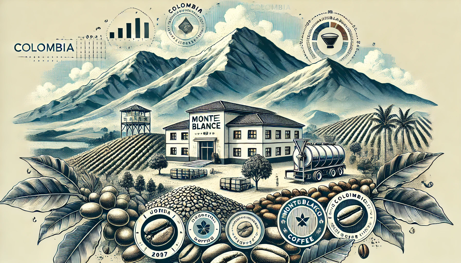 An illustration highlighting Colombias reputation for high quality coffee beans focusing on the Monteblanco Estate The image should depict the Andewebp