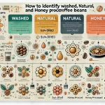 An infographic titled How to Identify Washed Natural and Honey Processed Coffee Beans The image should feature visual representations of each prowebp