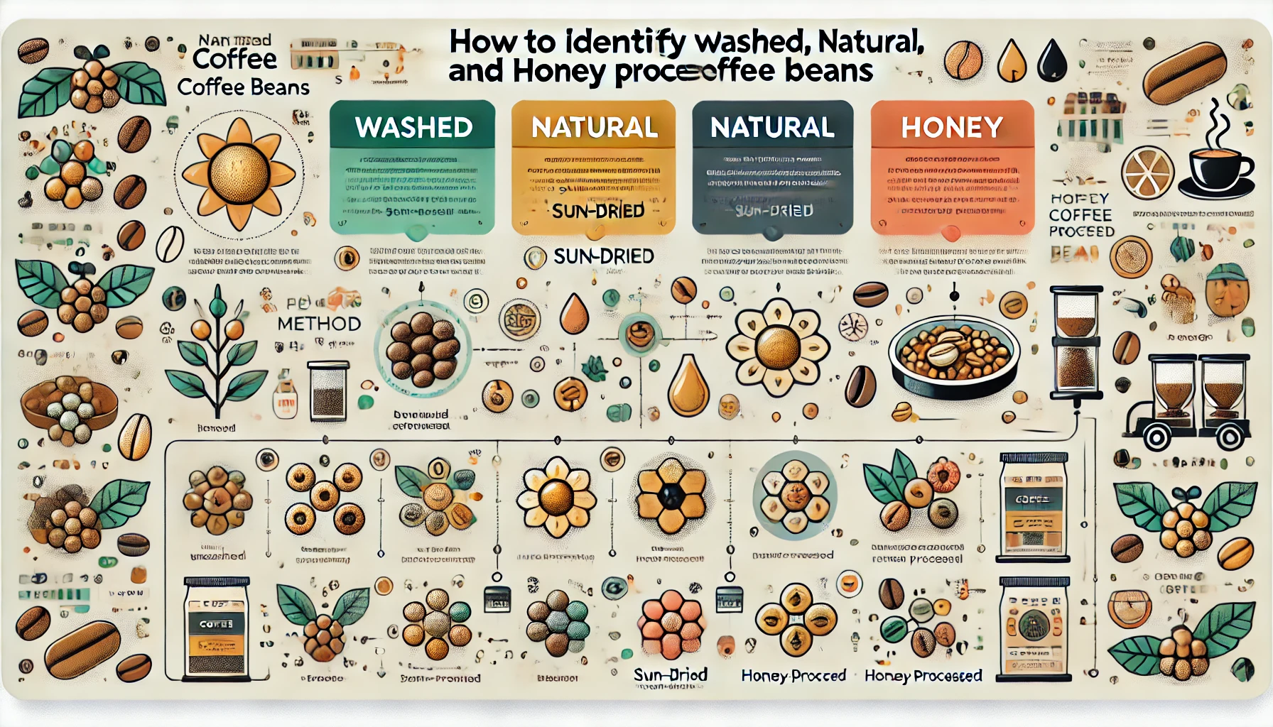 An infographic titled How to Identify Washed Natural and Honey Processed Coffee Beans The image should feature visual representations of each prowebp