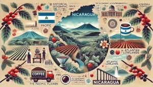 An illustration highlighting Nicaragua's coffee industry, showing its historical importance since the mid-19th century and its economic and environmen.webp