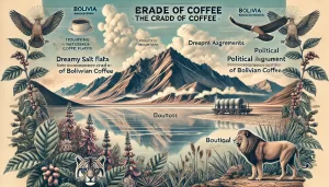 An illustration showcasing the stunning natural landscapes of Bolivia, known as the cradle of coffee. The image should feature towering mountains, dre.webp