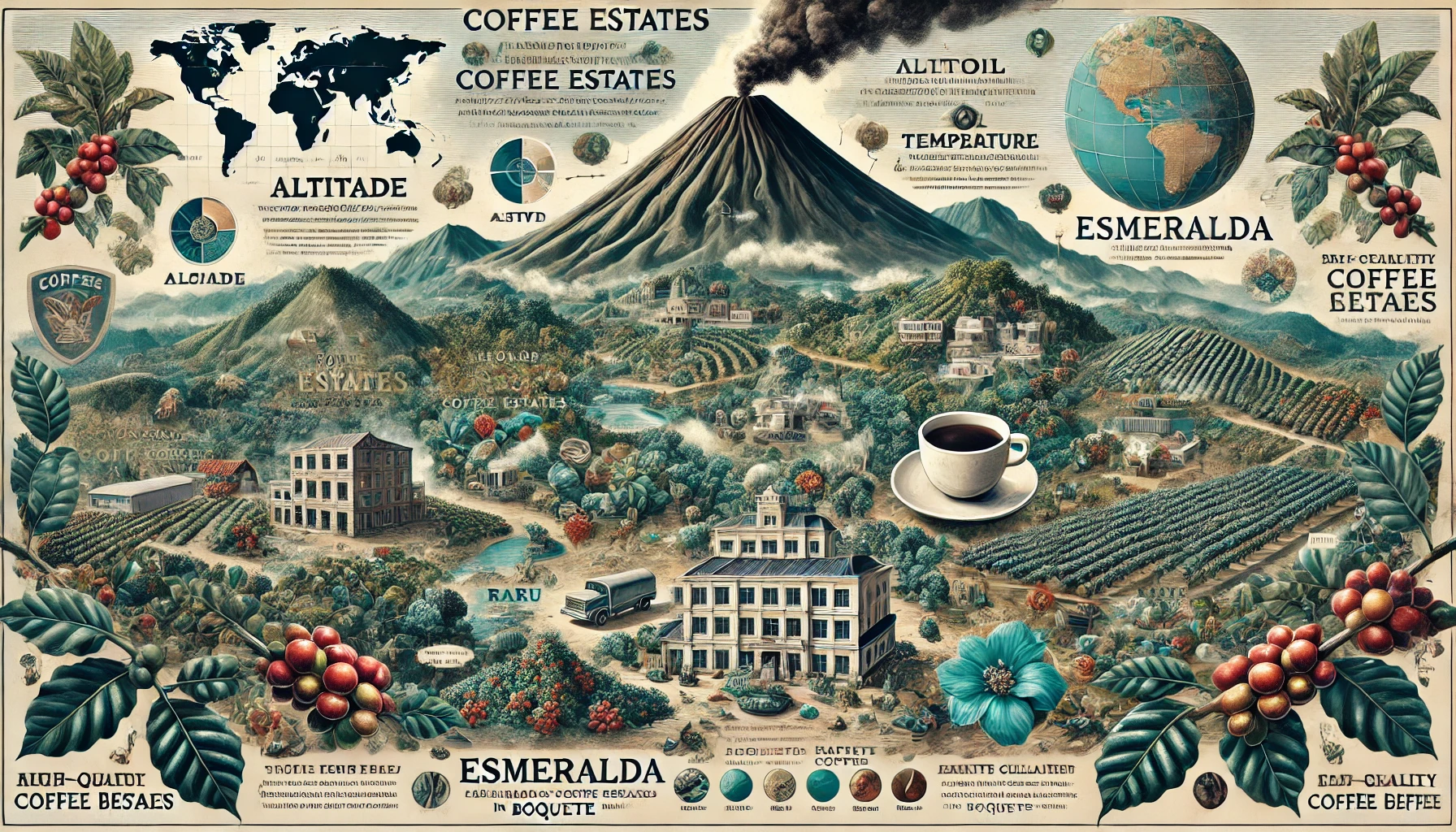 An illustration showing the diversity of coffee estates around the world emphasizing how factors like altitude soil temperature and rainfall affecwebp