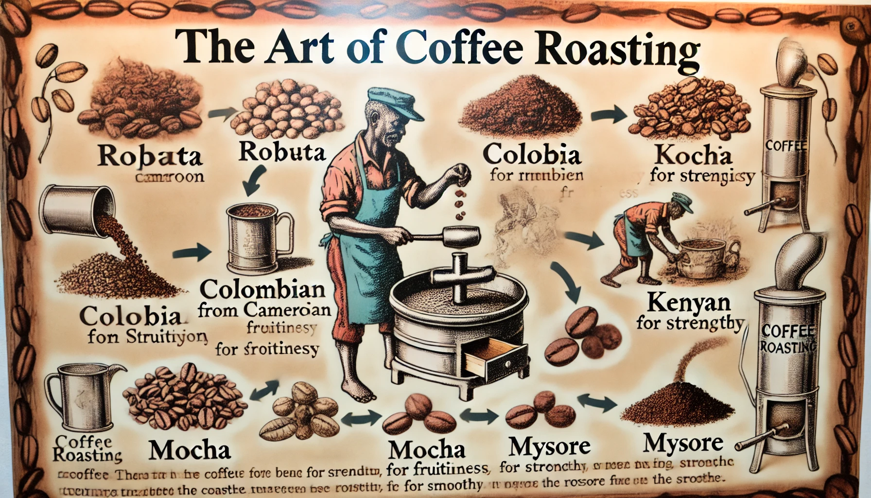 An illustration titled The Art of Coffee Roasting depicting the careful blending and roasting process that creates unique coffee profiles The imagwebp