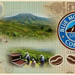 an illustration featuring the renowned Blue Mountain Coffee from Jamaica The image should depict the Blue Mountain region showing its high altitude webp