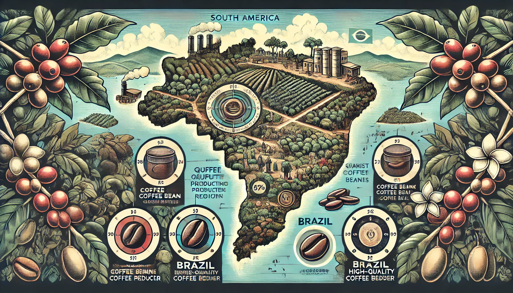 An illustration highlighting the main coffee producing regions and the characteristics of high quality coffee beans The image should feature a map shwebp