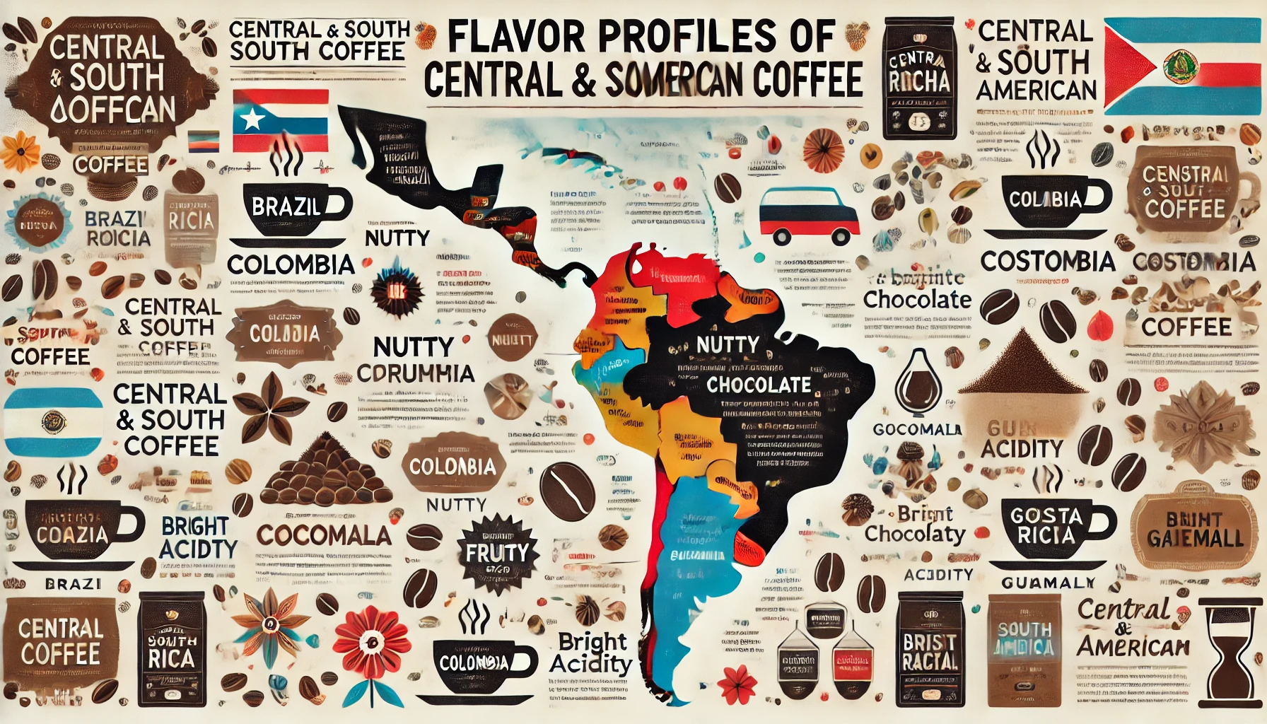 An infographic titled Flavor Profiles of Central and South American Coffee showing the distinct taste characteristics of coffee from various countriwebp