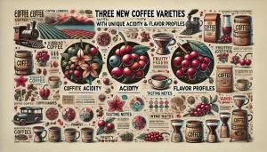 An illustration titled 'Three New Coffee Varieties with Unique Acidity and Flavor Profiles.' The image should showcase three distinct coffee