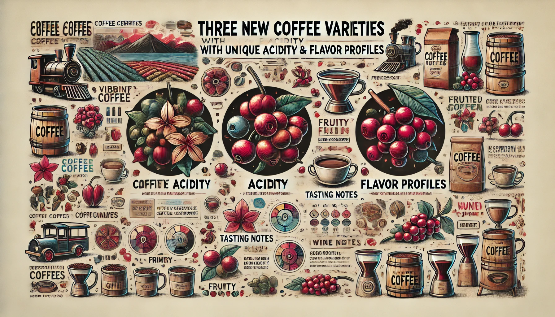 An illustration titled Three New Coffee Varieties with Unique Acidity and Flavor Profiles The image should showcase three distinct coffee