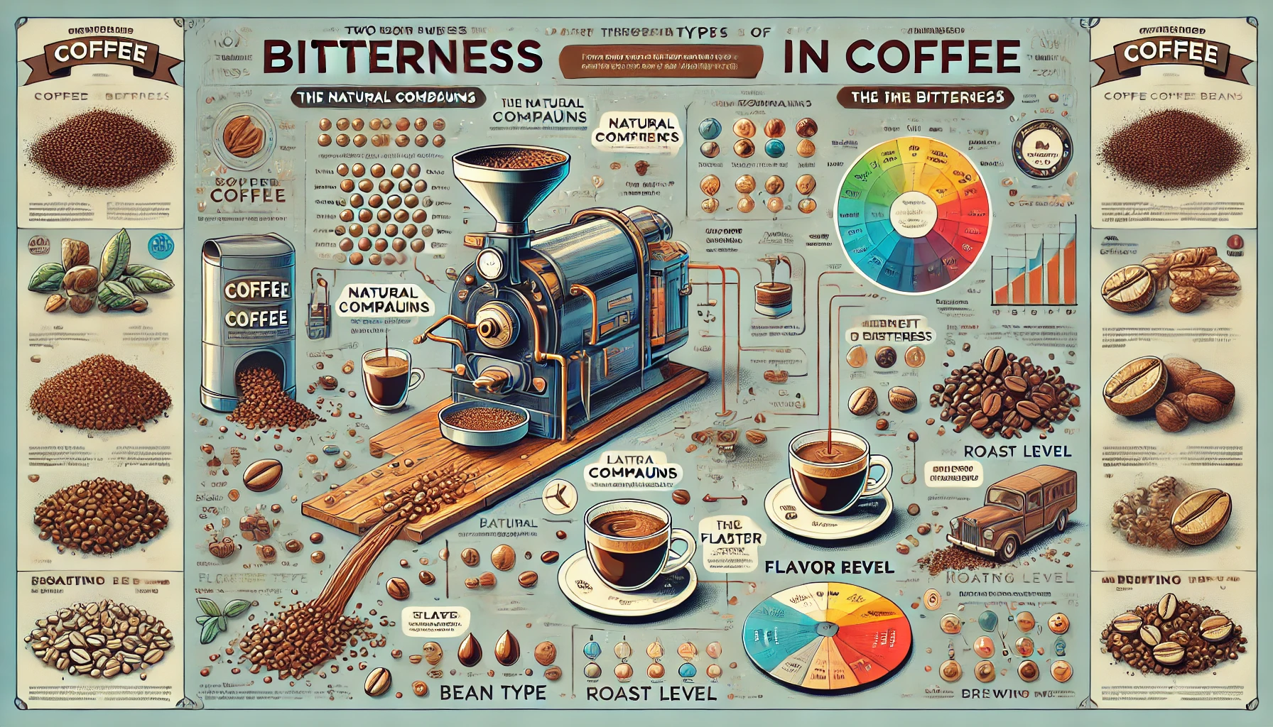 An infographic explaining the different types of bitterness in coffee The image should illustrate the two main sources of coffee bitterness the natuwebp