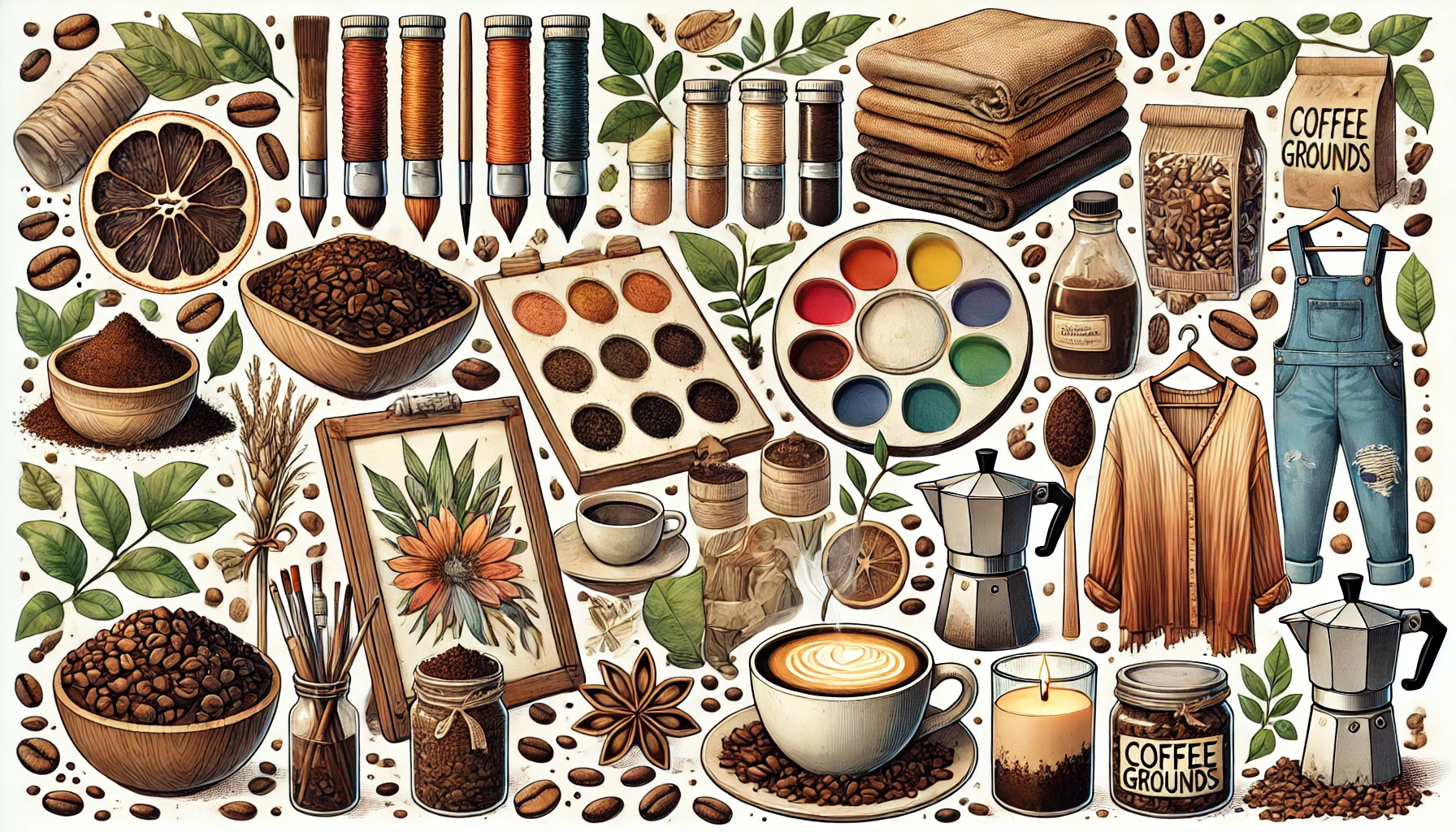 An illustration showcasing creative uses of coffee grounds including making art using them as a natural dye and creating DIY scented candles The iwebp