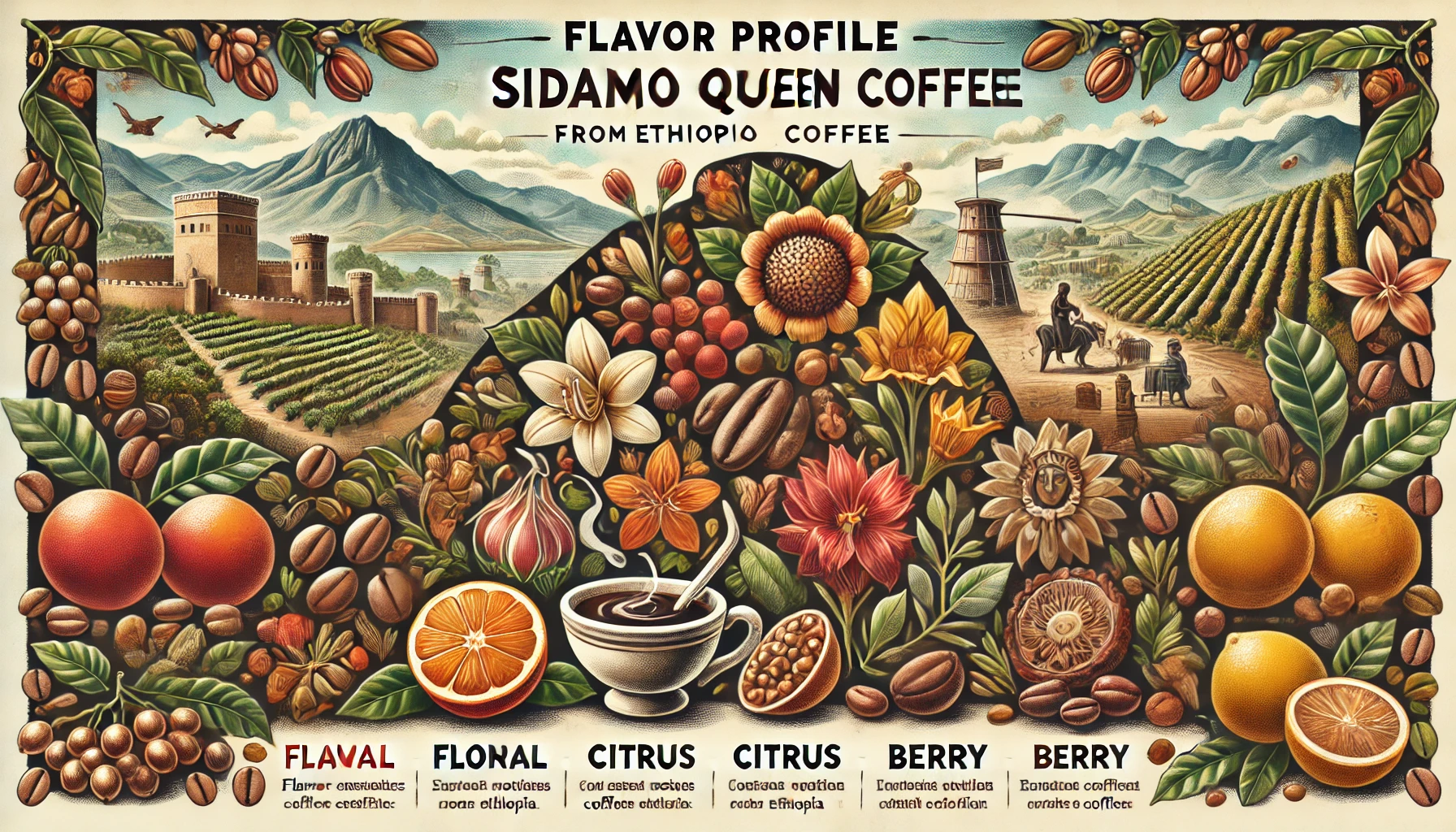 An illustration titled Flavor Profile of Sidamo Queen Coffee showcasing the unique taste characteristics of Sidamo Queen coffee from Ethiopia The iwebp