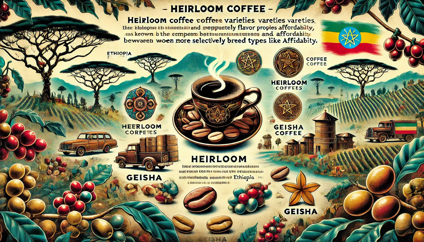 An illustration exploring the mystery of Ethiopias Heirloom coffee varieties known for their complex flavor profiles and affordability The image shwebp