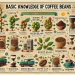 An infographic titled Basic Knowledge of Coffee Beans explaining the journey of coffee from bean to cup The image should depict the stages of coffewebp