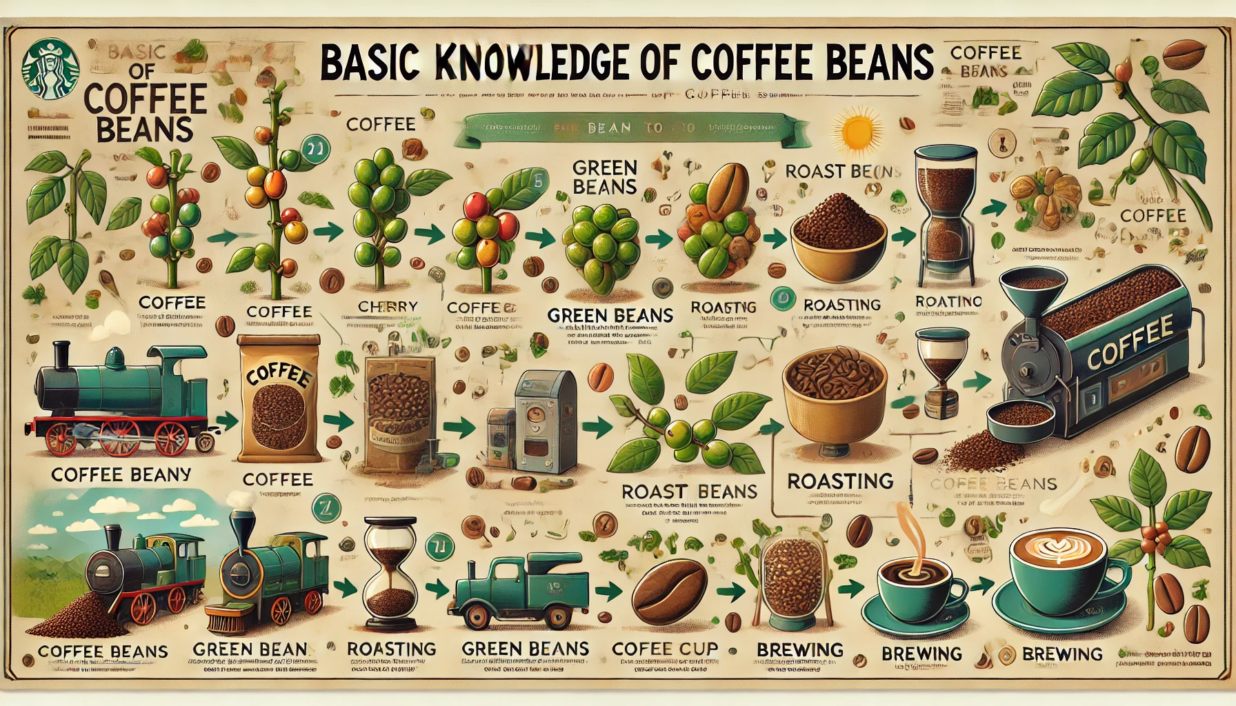 An infographic titled Basic Knowledge of Coffee Beans explaining the journey of coffee from bean to cup The image should depict the stages of coffewebp