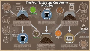 An-infographic-titled-The-Four-Tastes-and-One-Aroma-of-Coffee-explaining-the-distinct-flavors-and-aroma-of-coffee-that-result-from-the-roasting-proc.webp