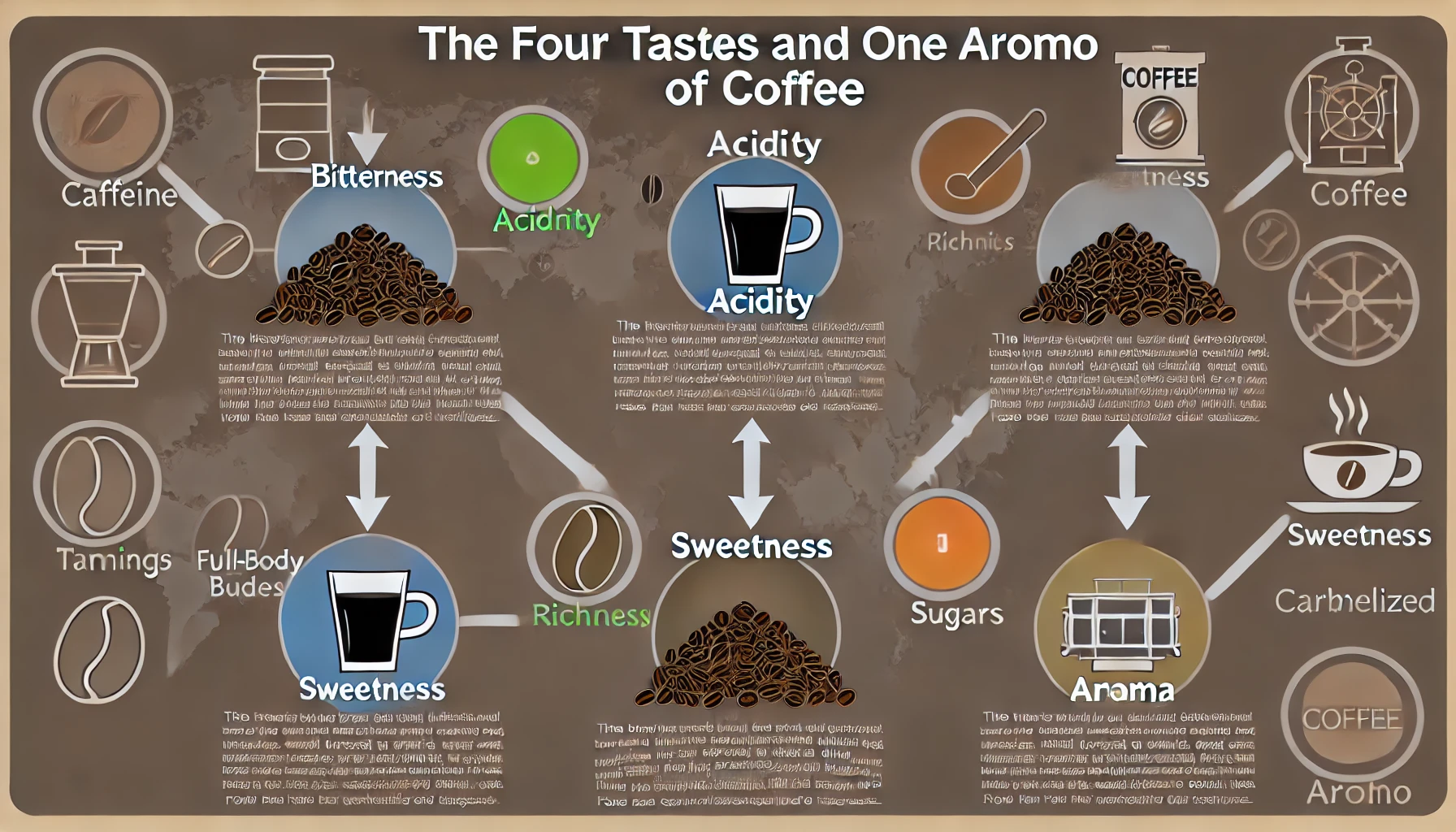 An infographic titled The Four Tastes and One Aroma of Coffee explaining the distinct flavors and aroma of coffee that result from the roasting procwebp