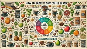 An illustration titled 'How to Identify Good Coffee Beans' explaining the similarities between evaluating coffee and tasting fruits. The image should .webp