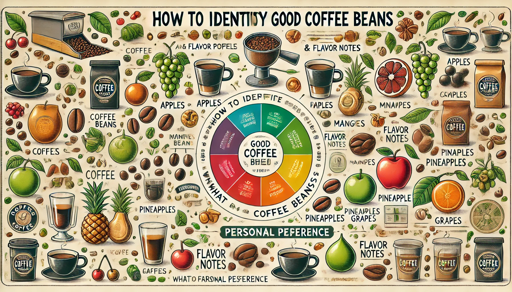 An illustration titled How to Identify Good Coffee Beans explaining the similarities between evaluating coffee and tasting fruits The image should webp