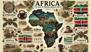 An illustration titled 'Africa_ The Land of Premium Arabica Coffee' highlighting the top coffee-producing countries in Africa, such as Ethiopia, Kenya.webp