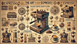 An illustration titled 'The Art and Science of Espresso_ Italian Coffee Craftsmanship' showcasing the operation and principles of making espresso. The.webp