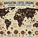 An illustration titled Navigating Coffee Origins Choosing Your Perfect Cup that guides newcomers to specialty coffee through the variety of coffee webp