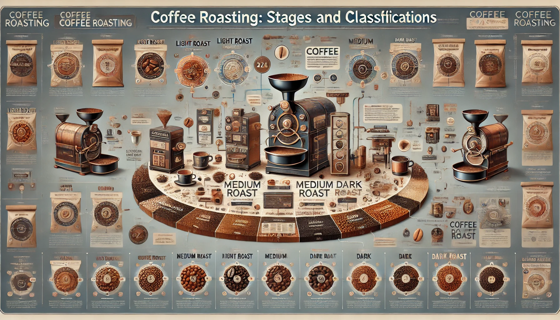 An infographic titled Coffee Roasting Stages and Classifications explaining the different stages and types of coffee roasting The image should depwebp