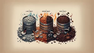 An image showing the different methods of roasting coffee beans. The image should include three distinct sections_ light roast, medium roast, and dark.webp