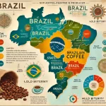 An educational image about Brazilian coffee highlighting the key regions in Brazil where coffee is produced The image should include a map of Brazilwebp