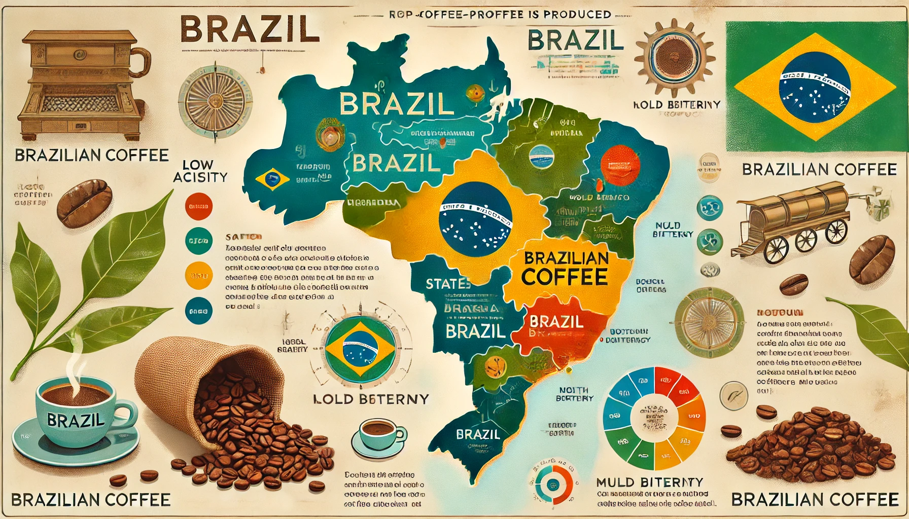 An educational image about Brazilian coffee highlighting the key regions in Brazil where coffee is produced The image should include a map of Brazilwebp