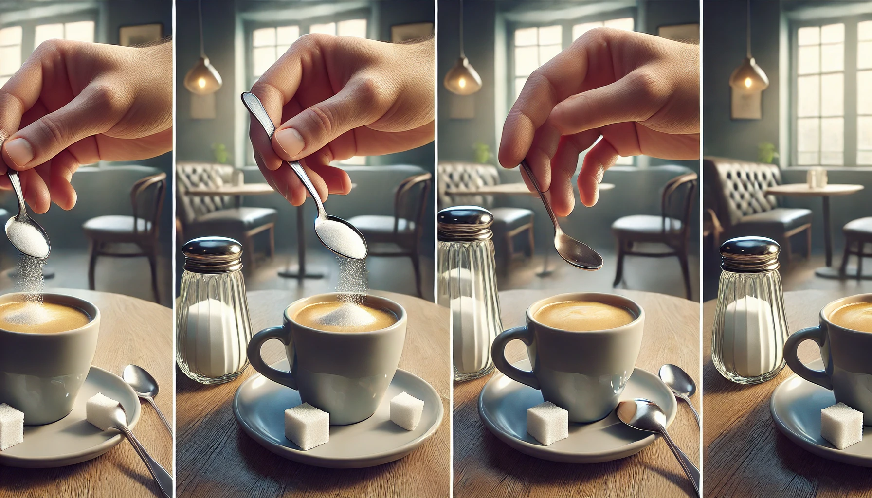 A realistic photographic image demonstrating proper coffee etiquette specifically how to hold a coffee cup and add sugar The image features a personwebp