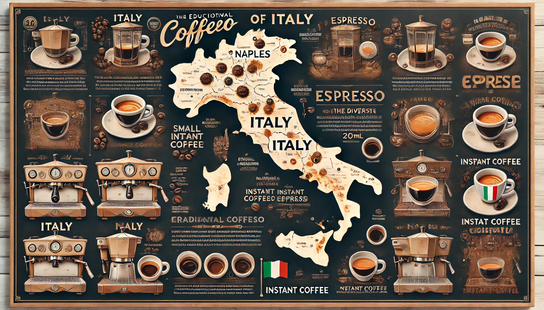 An educational image depicting the rich coffee culture of Italy focusing on the diversity of espresso across different regions The image should inclwebp