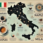 An image illustrating the rich coffee culture in Italy focusing on the differences in espresso across the country The image should depict a map of Iwebp