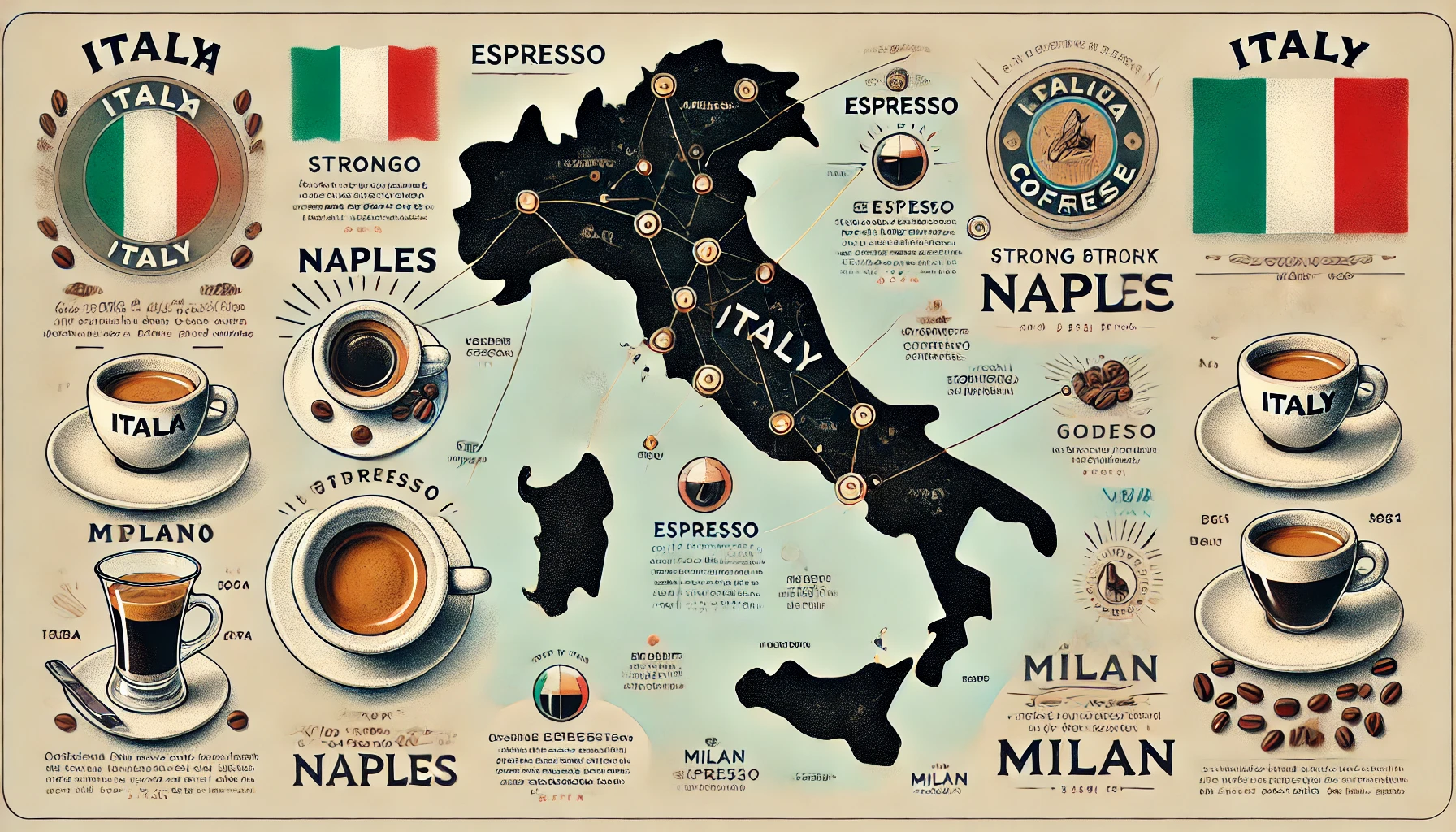 An image illustrating the rich coffee culture in Italy focusing on the differences in espresso across the country The image should depict a map of Iwebp