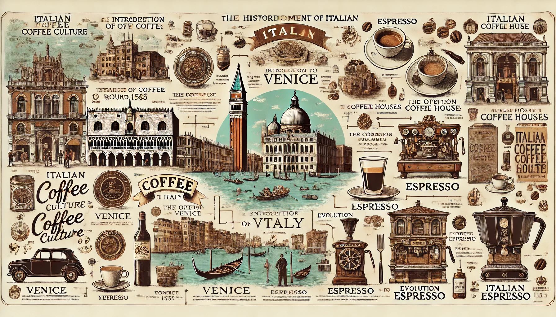 An informative image showing the historical development of Italian coffee culture The image should depict a timeline starting from the late 16th centwebp