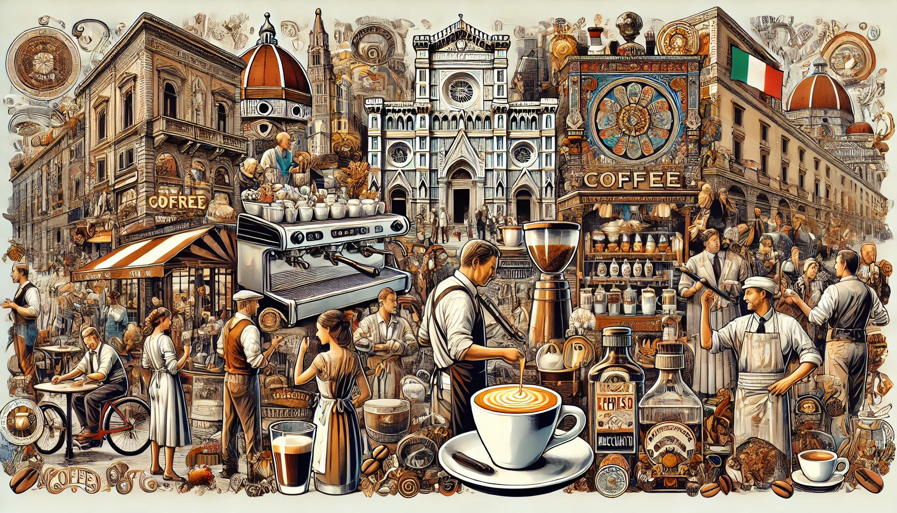 An artistic and educational image that captures the essence of Italian coffee culture The image should showcase iconic elements such as a bustling Itwebp