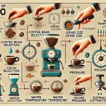 An informative image illustrating the various factors that influence the quality of an espresso The image should be divided into sections each highlwebp