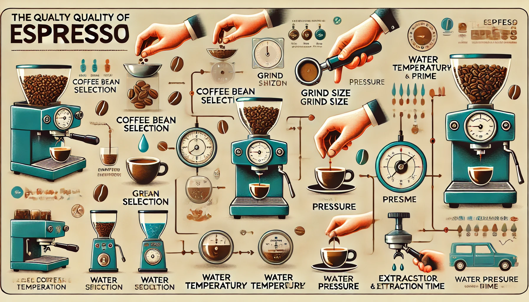 An informative image illustrating the various factors that influence the quality of an espresso The image should be divided into sections each highlwebp