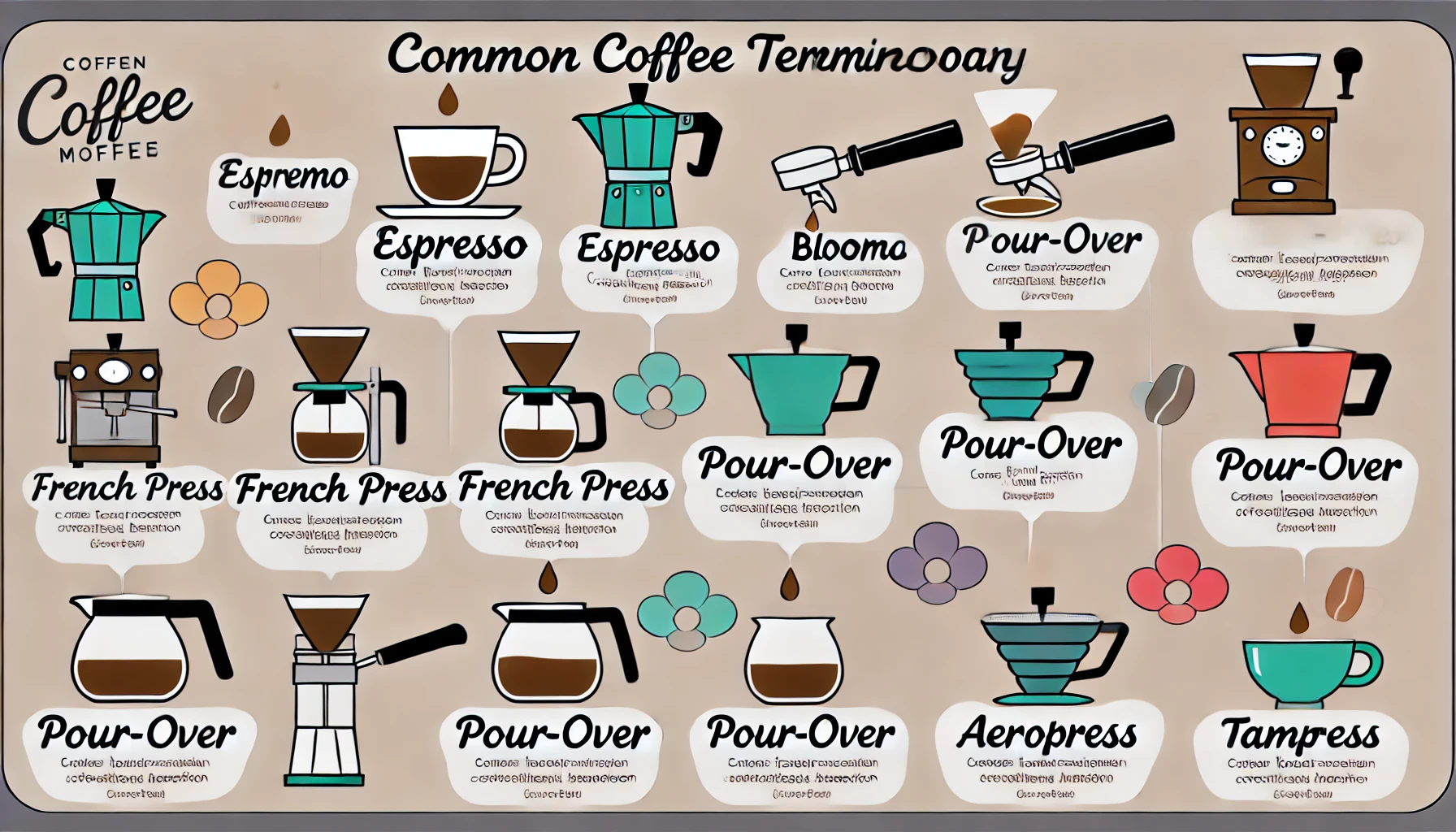 An educational image explaining common coffee terminology and different brewing methods The image should be divided into sections each dedicated to webp