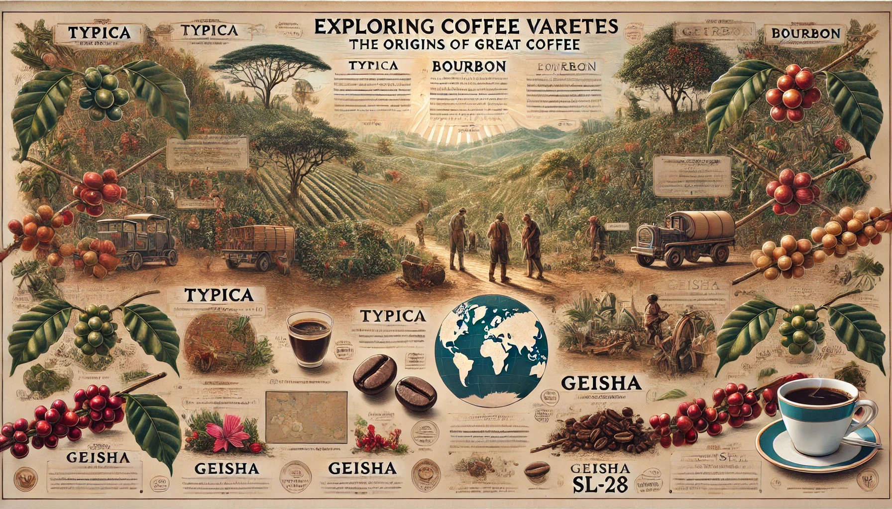 An educational and detailed scene showcasing various coffee varieties and their origins The image highlights famous coffee varieties like Typica Bou