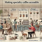 An illustrative scene showing ways to make specialty coffee more accessible and accepted by a broader audience The image features a modern cafe settiwebp