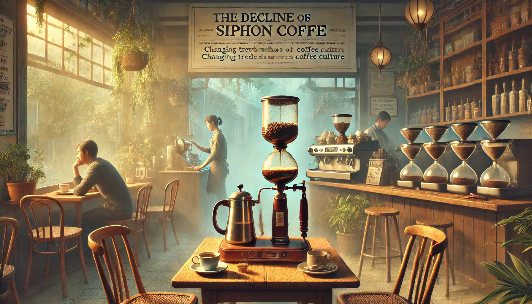 附件詳細資料 DALLE 2024 08 24 063425 A scene exploring the reasons behind the decline of siphon coffee shops The image shows a traditional cafe setting where a siphon coffee setup is pre