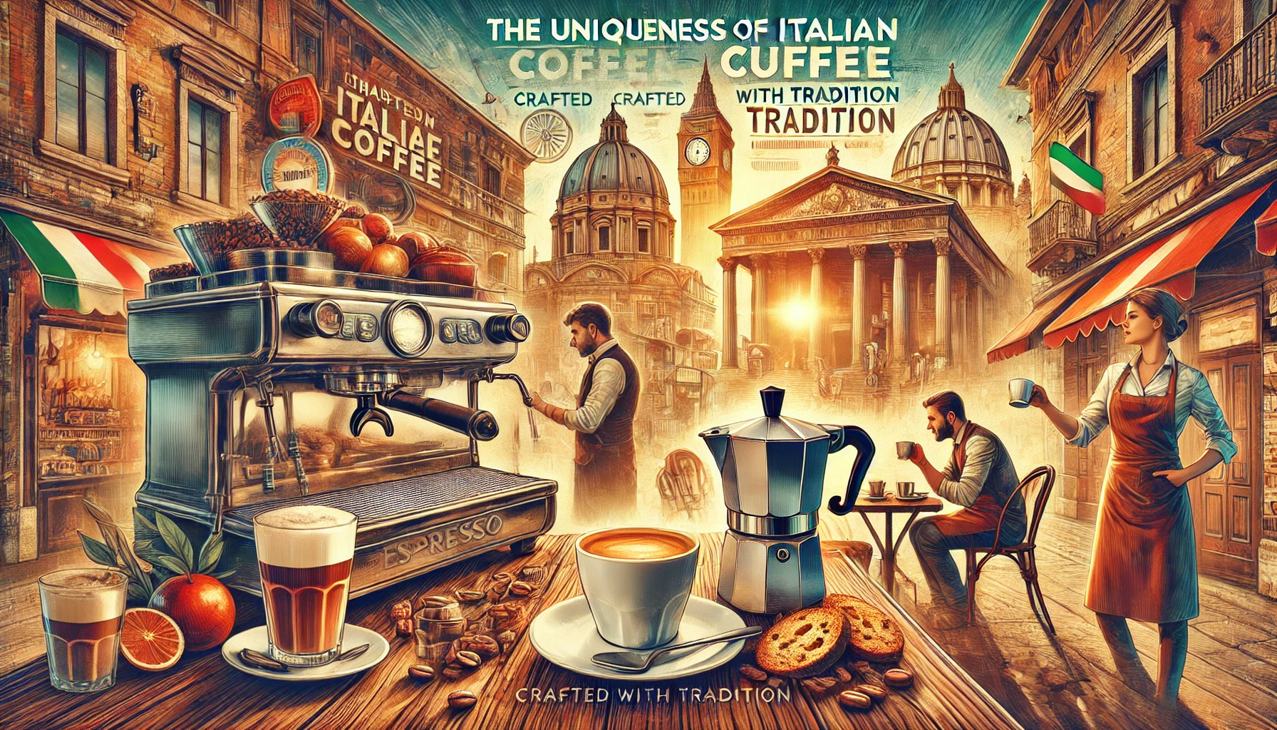 A vibrant scene showcasing what makes Italian coffee unique The image features an Italian café setting with traditional espresso machines a barista webp