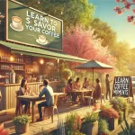 A vibrant springtime scene where people are enjoying coffee outdoors in a lush blooming environment The image focuses on a cozy outdoor café settingwebp